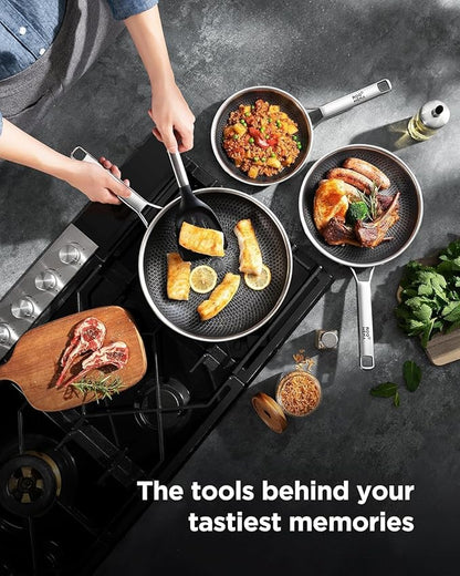 Frying Pans Non Stick, Hybrid Ceramic With Lid, 12 Inch Tri-Ply Stainless Steel Skillet, Non-Toxic, PFAS/PFOA/PTFE Free, Metal Utensil Safe, Dishwasher & Oven Safe