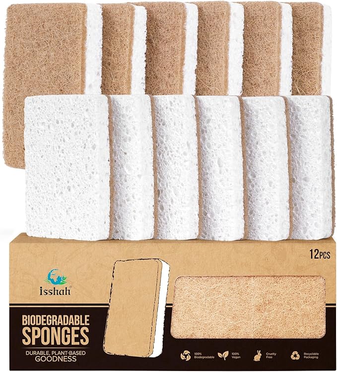 Isshah Plant-Based Kitchen Sponges - FSC Certified and PETA Approved, Natural, Eco-Friendly, Biodegradable Sisal Hemp Sponges for Dishes, Cleaning Sponge for Kitchen, Bathroom, Household - 12 Count by Isshah