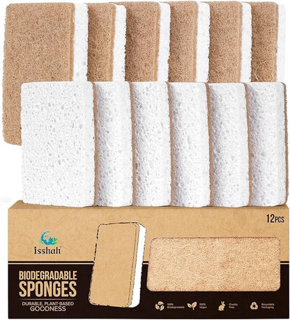 Isshah Plant-Based Kitchen Sponges - FSC Certified and PETA Approved, Natural, Eco-Friendly, Biodegradable Sisal Hemp Sponges for Dishes, Cleaning Sponge for Kitchen, Bathroom, Household - 12 Count by Isshah