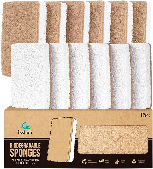 Isshah Plant-Based Kitchen Sponges - FSC Certified and PETA Approved, Natural, Eco-Friendly, Biodegradable Sisal Hemp Sponges for Dishes, Cleaning Sponge for Kitchen, Bathroom, Household - 12 Count by Isshah