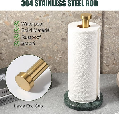 Koville Paper Towel Holder Countertop, Standing Paper Roll Holder with 6" Weighted Marble Base, Stone Paper Towel Holder with Gold Stainless Steel Rod for Kitchen Bathroom (Green)