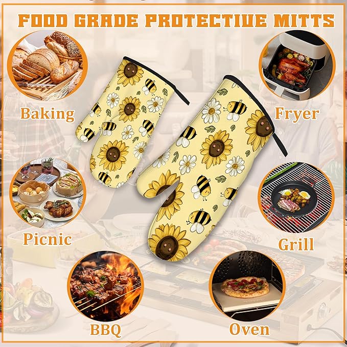 Sunflower Bee Oven Mitts and Pot Holders Set,Daisy Kitchen Oven Gloves and Pot Holder with Heat Resistant Non Slip for Cooking Baking Grilling(4 Piece Set)