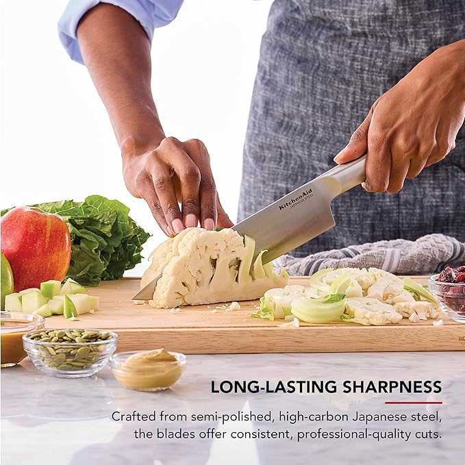 KitchenAid 3 Piece Forged Chef Knife Set High Carbon Japanese Steel, Includes 8 Inch Chef Knife, 5 Inch Santoku Knife, and 3.5 Inch Paring Knife with Blade Covers - Image 4