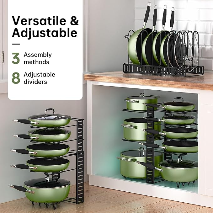 MUDEELA Pots and Pans Organizer Rack under Cabinet 8-Tiers Adjustable Pot Rack with 3 DIY Methods, Expandable 11.65'' to 19" Pot Lid Organizer for Kitchen Pantry Cabinet Organization and Storage - Image 2