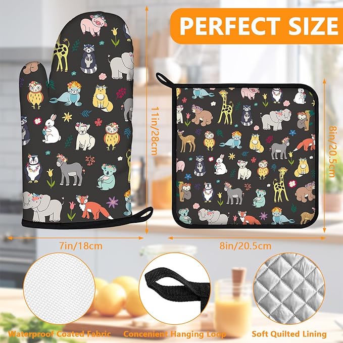 Cute Animals Oven Mitts and Pot Holders Sets 4Pcs,Extra Long Oven Gloves Potholder for Kitchen Cooking Baking BBQ 100% Cotton Heat Resistant - Image 2