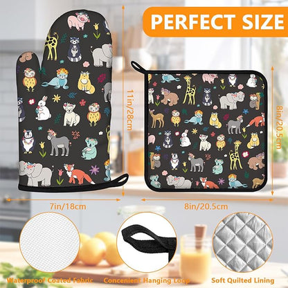 Cute Animals Oven Mitts and Pot Holders Sets 4Pcs,Extra Long Oven Gloves Potholder for Kitchen Cooking Baking BBQ 100% Cotton Heat Resistant - Image 2
