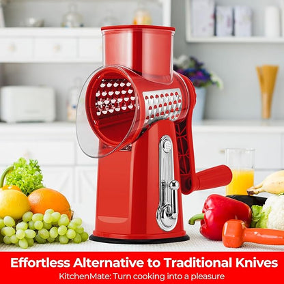 SUSTEAS Rotary Cheese Grater with Handle - Vegetable Shredder with 5 Well-designed Blades & Strong Suction Base,Round Mandoline Slicer & Food Chopper for Kitchen,with Blade Storage Box(Red) - Image 7