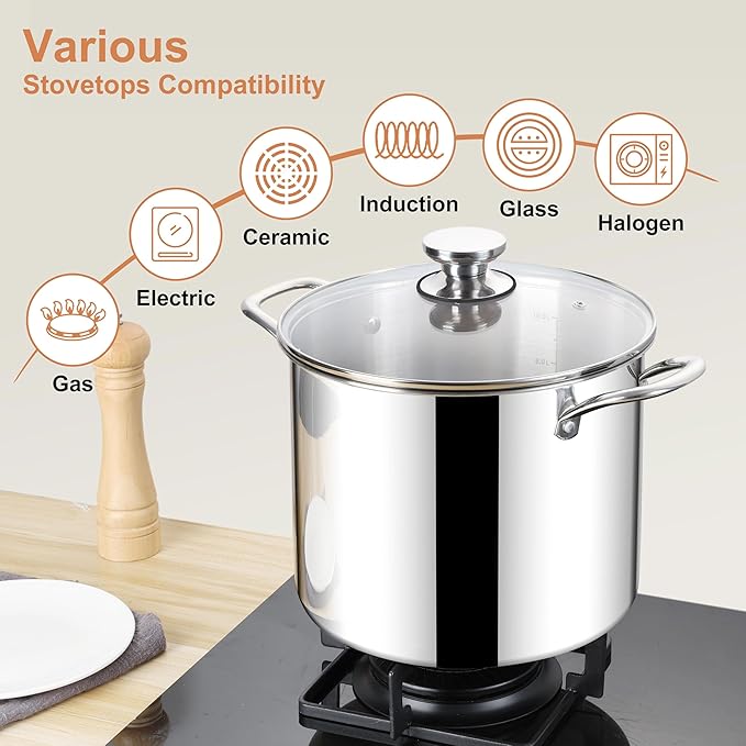 Herogo 10 Quart Stock Pot, 18/10 Stainless Steel Large Cooking Pot with Lid, 10 QT Metal Pasta Stockpot for Chicken Soup, Tri-ply Big Stockpot for Induction Gas Electric Stove, Dishwasher Safe