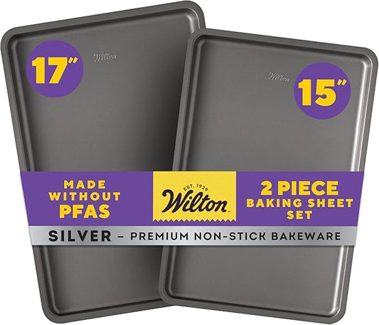 Wilton Silver 2- Piece Non-Stick Baking Sheet Set, Cold-Rolled Steel Bakeware for Baking and Roasting, Made without PFAS