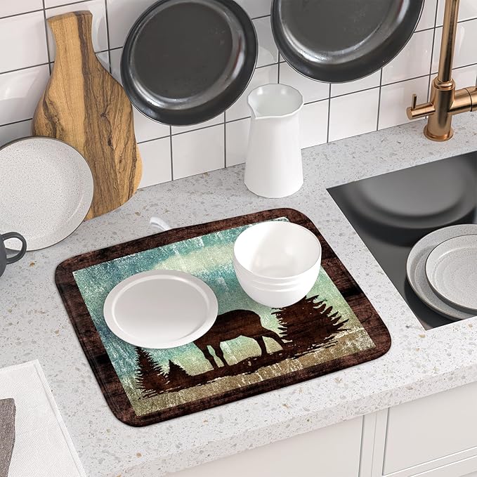Giwawa Retro Deer Forest Cabin Silhouette Dish Drying Mat Countertop 16x18 Fall Blue Sky Cloud Cartoon Elk Wild Animal Bushes Drainer Mat Pine Tree Grass Dishes Pad Rustic Dish Drainer Rack