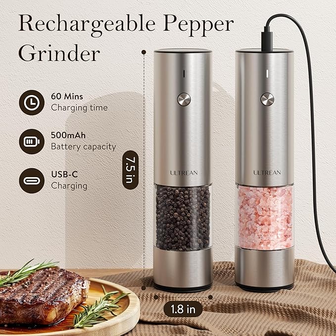 Ultrean Salt and Pepper Grinder Set, Rechargeable Salt and Pepper Shakers, 6 Adjustable Coarseness, LED Light, Kitchen Gadget Cooking Gifts Valentines Day Gifts for Him Her Mom Dad, Stainless Steel - Image 4