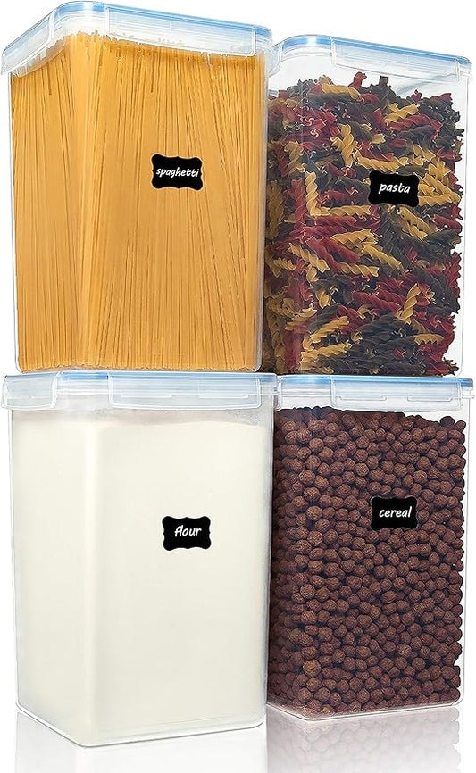Vtopmart Extra Large Tall Airtight Food Storage Containers 4 Pieces 5.9qt / 6.5L-Plastic PBA Free Kitchen Pantry Canister for Spaghetti, Flour and Baking Supplies - Include 24 Labels, Blue by Vtopmart