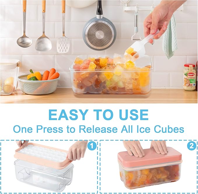 Ice Cube Tray with Lid and Bin, 64 pcs Ice Tray Kit with Ice Scoop, Ice Cube Pop Out Tray, Ice Cube Trays for Freezer, Ice Cube Molds, BPA Free, Easy Release Stackble Spill-Resistant ZZWILLB (Pink)