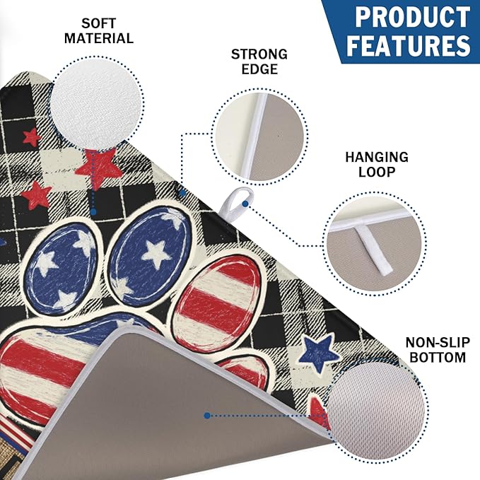 4th of July Dish Drying Mat 24x18 Inch, Patriotic Drying Mat with Absorbent Reversible Microfiber, Independence Day Dish Drainer Mats Memorial Day Rack Pad for Coffee Countertop Kitchen Protector