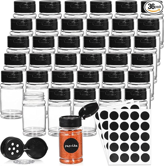 Tosnail 36 Pack 2.7 Oz Small Plastic Spice Bottles with Black Shaker Lids and Labels, Empty Plastic Jars with Lids, Seasoning Shaker Containers for Travel, Camping, Glitter, Gift, Party Favors - Clear by Tosnail