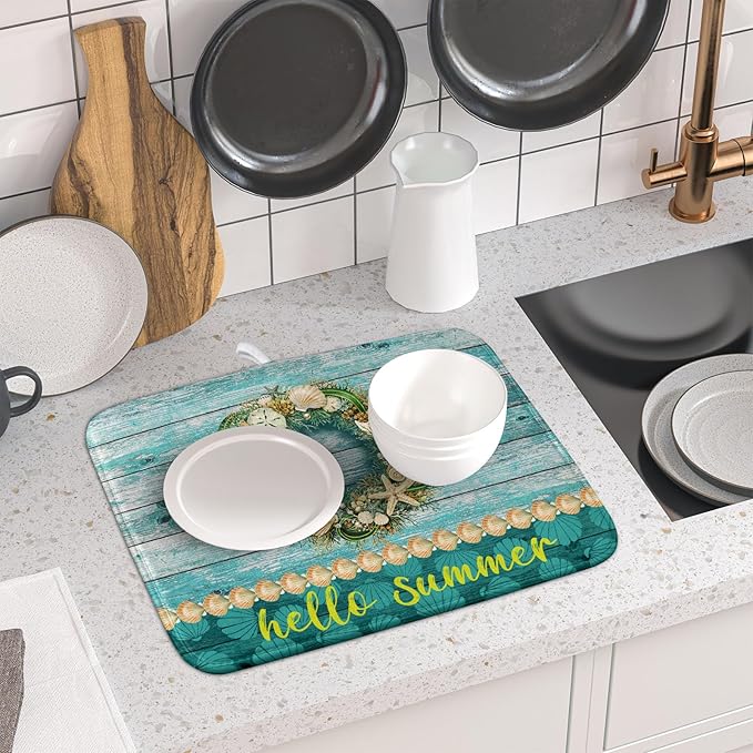 Hello Summer Dish Drying Mat for Kitchen Counter,Sea Shell Starfish Coastal Wreath Drying Mat 16 x 18 Inch with Absorbent Reversible Microfiber Drying Pad for Coffee Bar - Image 6