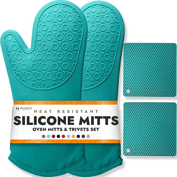 BPA-Free Soft Silicone 4 Piece Oven Mitts & Trivets Set - Ultra Heat Resistant Oven Mitts with Thick Cotton Liner - Long Slip Resistant Pot Holders, Flexible Oven Gloves - Aqua by HOMWE