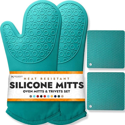 BPA-Free Soft Silicone 4 Piece Oven Mitts & Trivets Set - Ultra Heat Resistant Oven Mitts with Thick Cotton Liner - Long Slip Resistant Pot Holders, Flexible Oven Gloves - Aqua by HOMWE