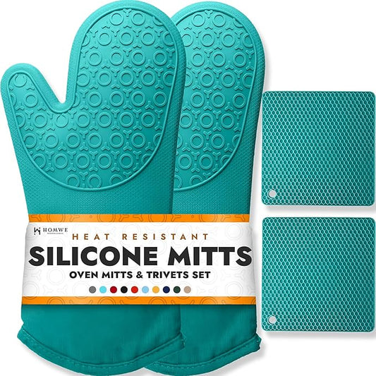 BPA-Free Soft Silicone 4 Piece Oven Mitts & Trivets Set - Ultra Heat Resistant Oven Mitts with Thick Cotton Liner - Long Slip Resistant Pot Holders, Flexible Oven Gloves - Aqua by HOMWE