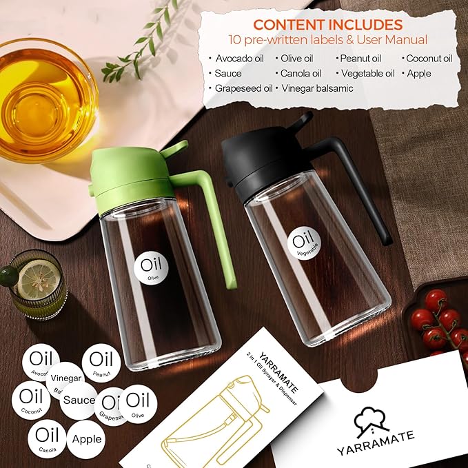 YARRAMATE 2Pcs 16oz/470ml Olive Oil Dispenser, Food-grade 2 in 1 Oil Glass Sprayer for Cooking, Kitchen, Air Fryer, Salad, Frying, BBQ (Black) - Image 2