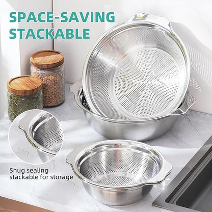 Colander for Kitchen Stainless Steel, 4QT Rice Strainer Bowl with Handle for Washing Pasta, Spaghetti, Vegetables, Fruit, Durable Use, Dishwasher Safe(2PC)