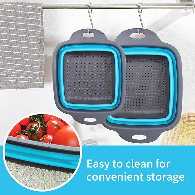 2 PCS Collapsible Colander, Collapsible Strainers for Kitchen, 11.5 inch Silicone Strainer and 9.5 inch Silicone Colander for Draining Vegetable fruit, Kitchen Food Strainer, Blue (Blue) - Image 4