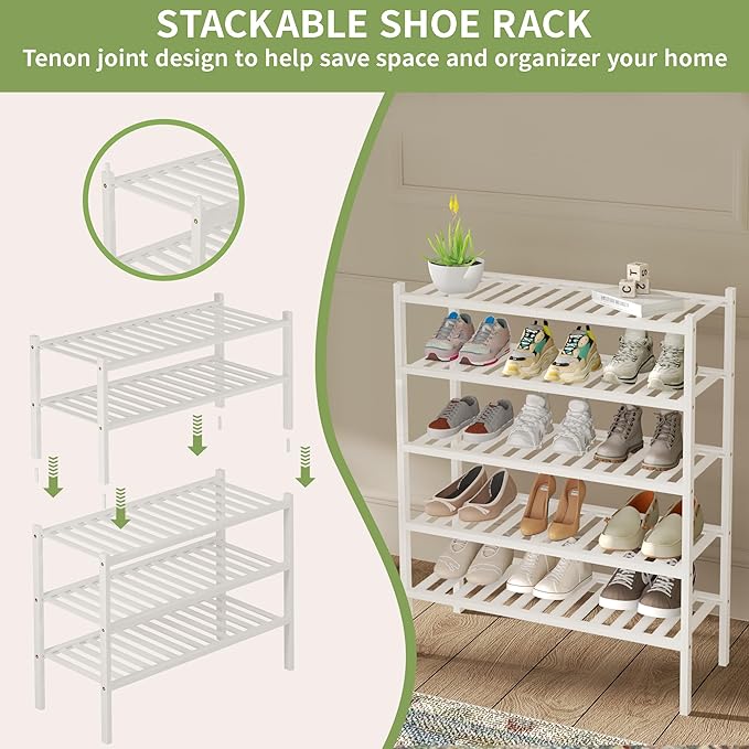 ROMGUAR CRAFT 3 Tier Bamboo Shoe Rack for Closet Free Standing Wood Shoe Shelf Storage Organizer for Entryway Small Space Stackable 27"x11"x20" (White) - Image 5