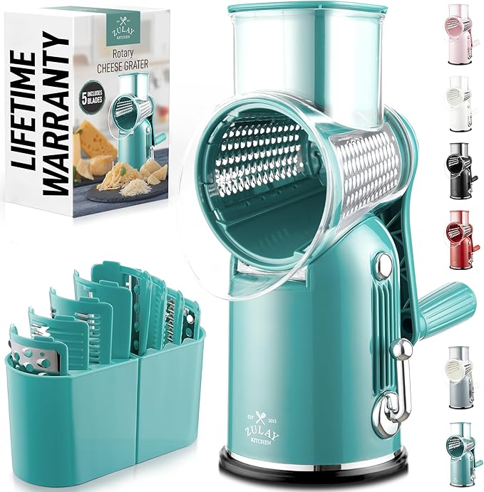 Zulay Kitchen Rotary Cheese Grater 5 Blade Cheese Shredder - Manual Hand Crank Cheese Grater With Reinforced Suction & 5 Interchangeable Drums - Easy to Use, Vegetable Chopper Round Mandoline Slicer by ZulayKitchen