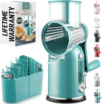 Zulay Kitchen Rotary Cheese Grater 5 Blade Cheese Shredder - Manual Hand Crank Cheese Grater With Reinforced Suction & 5 Interchangeable Drums - Easy to Use, Vegetable Chopper Round Mandoline Slicer by ZulayKitchen