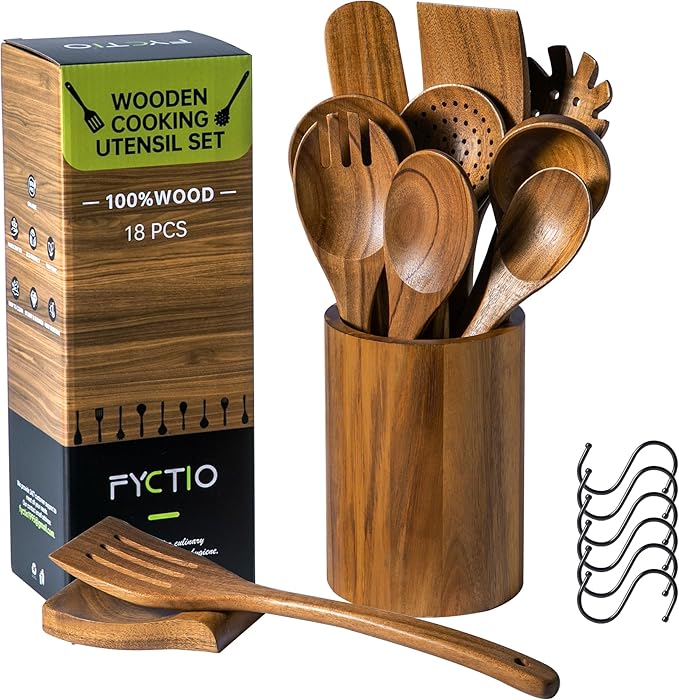 Wooden Utensil Set 12 PCS - Natural Non-Toxic Acacia Wooden Spoons for Cooking, Nonstick, Sturdy, Non-Scratch, Easy to Clean, Wood Kitchen Utensils Set with Holder, Spoon Rest & 6 Hooks by FyctioHome