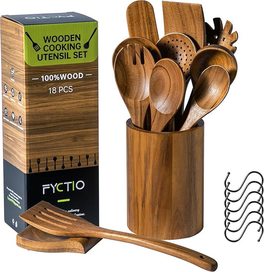 Wooden Utensil Set 12 PCS - Natural Non-Toxic Acacia Wooden Spoons for Cooking, Nonstick, Sturdy, Non-Scratch, Easy to Clean, Wood Kitchen Utensils Set with Holder, Spoon Rest & 6 Hooks by FyctioHome