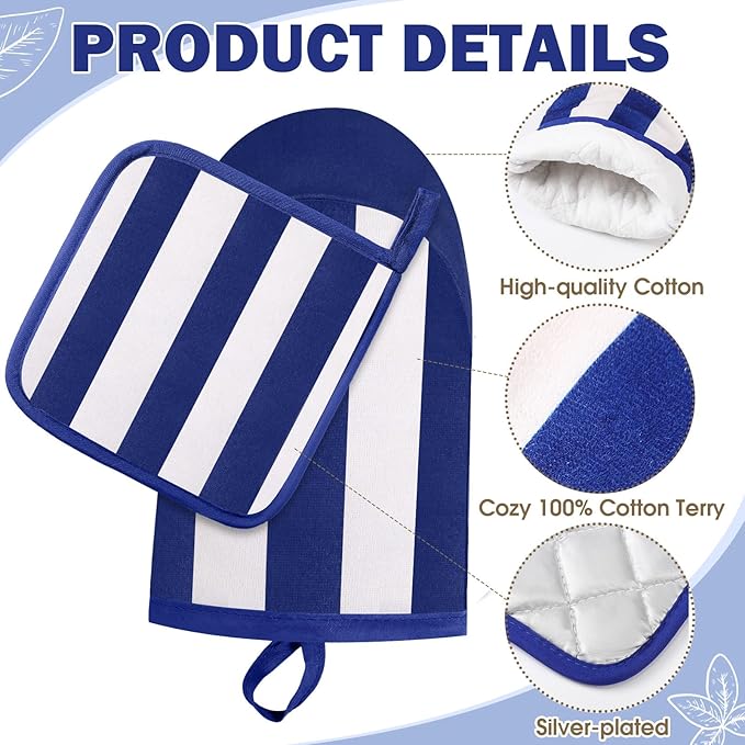 Reallnaive Oven Mitts and Pot Holders 4 Pcs Set for Kitchen, Stripe Cotton Oven Mitten Gloves Hot Pads Heat Resistant 500°f Outdoor Indoor Garden Baking Cooking BBQ Gift Hanging Loop, Beige (Blue) - Image 3