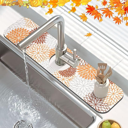 Findosom 2PCS 16" x 24" Fall Dish Drying Mat & 24" x 5.5" Sink Splash Guard, Super Absorbent & Cuttable Dish Mat Drying Kitchen Mat with Orange Floral, Hide Stain Drying Mat for Kitchen Counter - Image 4