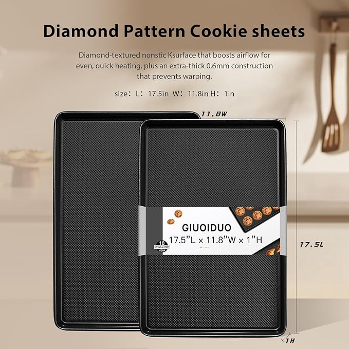 2-Pack Commercial & Home Baking Sheet Pans - Heavy Duty Nonstick Carbon Steel Cookie Trays, Warp-Resistant Oven Pans for Baking, Roasting & Sheet Pan Meals (17.5x11.8 Inch) - Image 2