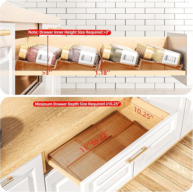 MUDEELA Clear Spice Drawer Organizer, 2 Tier - 2 Set (2 Packs) Spice Rack for Drawer, Expandable From 11" to 22" Kitchen Seasoning Organizers and Storage for Drawer (Jars not included), Amber - Image 3