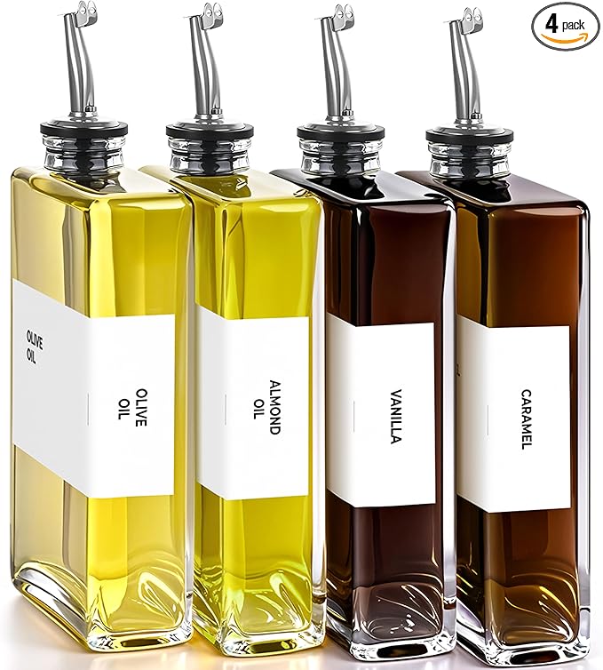 Spaceneat Olive Oil Dispenser Bottle - Includes 44 Kitchen Essential Labels - Cooking Oil Bottles for Kitchen, Coffee Syrup Dispenser - Pourer Spout with 11.8 fl oz Glass Container Cruet - 4pcs Silver by Spaceneat