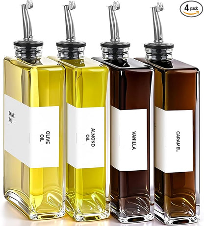 Spaceneat Olive Oil Dispenser Bottle - Includes 44 Kitchen Essential Labels - Cooking Oil Bottles for Kitchen, Coffee Syrup Dispenser - Pourer Spout with 11.8 fl oz Glass Container Cruet - 4pcs Silver by Spaceneat