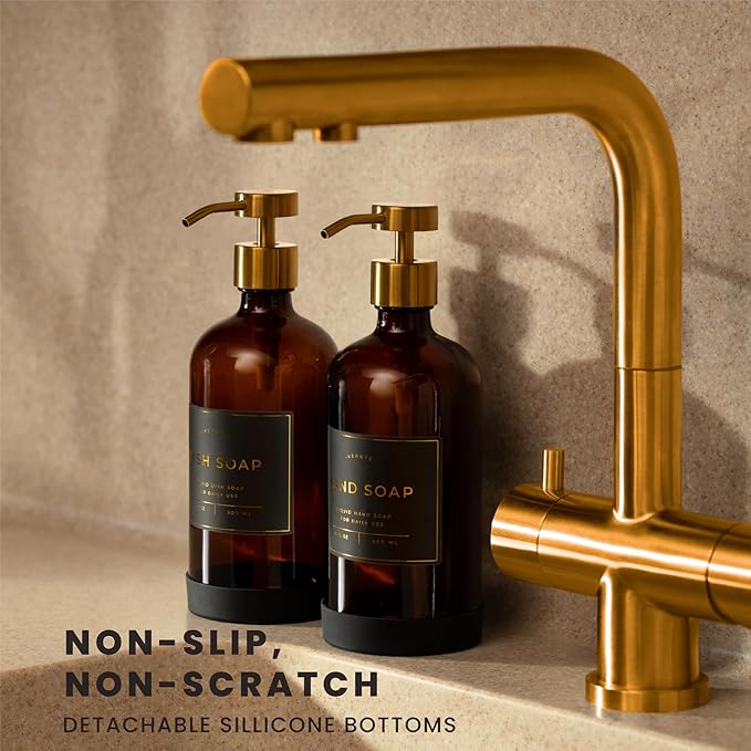 Hand and Dish Soap Dispenser for Kitchen and Bathroom, Set of 2 16 Oz Glass Bottles, Stainless Steel Pumps, Non-Slip Silicone Base, 27 Waterproof Labels (Amber Bottle/Brushed Gold Pump) - Image 2
