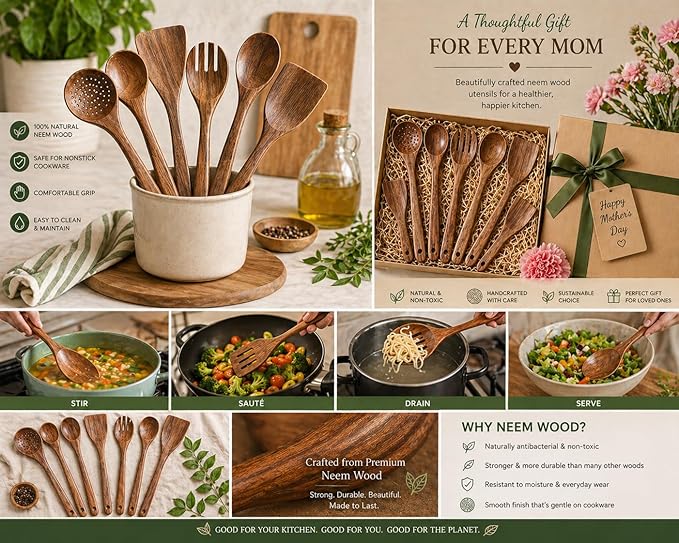 Mother’s Day Wooden Spoons for Cooking Set of 6, Handmade Mango Wood Kitchen Utensils Set, Nonstick Safe Wooden Cooking Utensils with Spoon, Spatula, Turner, Smooth Finish Gift for Mom