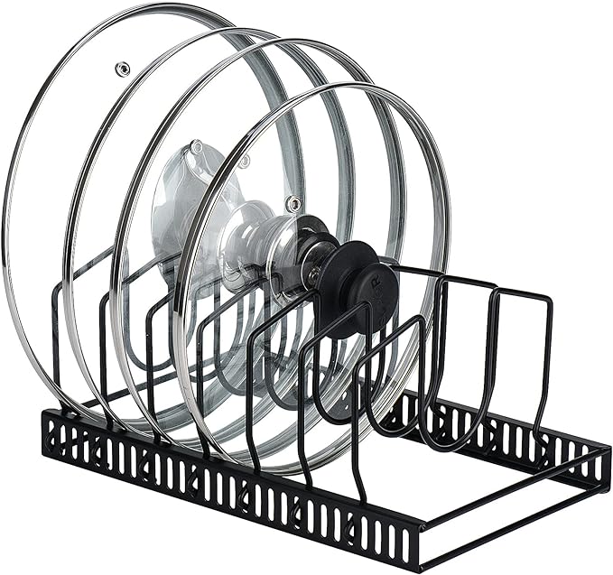 Toplife Pot Lids Organizer Rack for Cabinet and Countertop, 7+ Pan Lids and Bakeware Organizer Rack Holder with 7 Adjustable Compartments - Black by Toplife