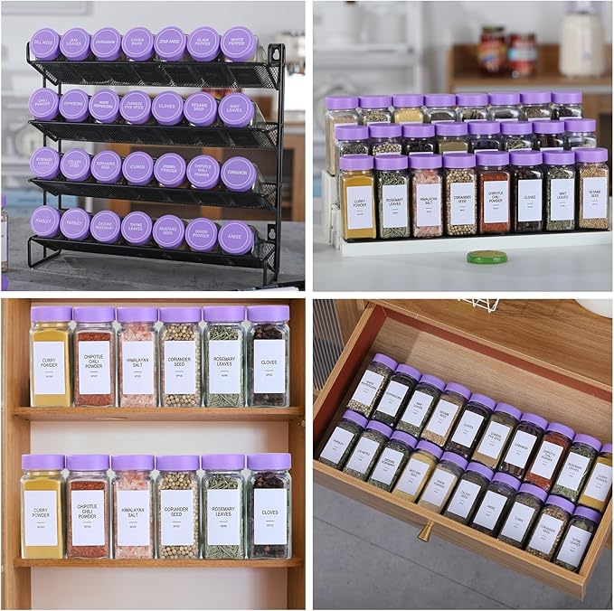 24 Glass Spice Jars with Labels, Spice Jar Set, 4oz Spice Containers, Seasoning Containers with Purple Airtight Lids and Shaker Lids, Square Empty Spice Bottles, 492 Labels, 1 Funnel - Image 6