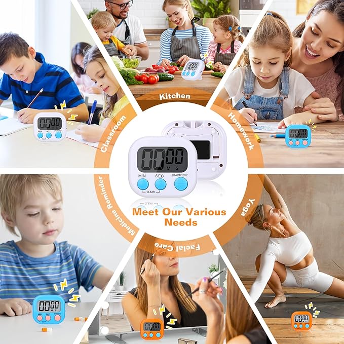 12 Pack Digital Kitchen Timers for Cooking, Small Magnetic Countdown Classroom Timer for Teachers Kids, Big Digits Loud Alarm Backing Stand Timers for Kitchen, Shower, Study, Work, Exercise Training - Image 6