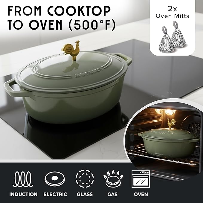 MUELLER HOME 5.5 Quart Enameled Cast Iron Oval Dutch Oven w Rooster Knob & Cotton Potholders, Heavy-Duty Cookware, Oven-Safe up to 500° F & Across All Cooktops, Gifts for Grandma & Women, Thyme Green - Image 4