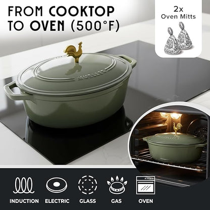 MUELLER HOME 5.5 Quart Enameled Cast Iron Oval Dutch Oven w Rooster Knob & Cotton Potholders, Heavy-Duty Cookware, Oven-Safe up to 500° F & Across All Cooktops, Gifts for Grandma & Women, Thyme Green - Image 4
