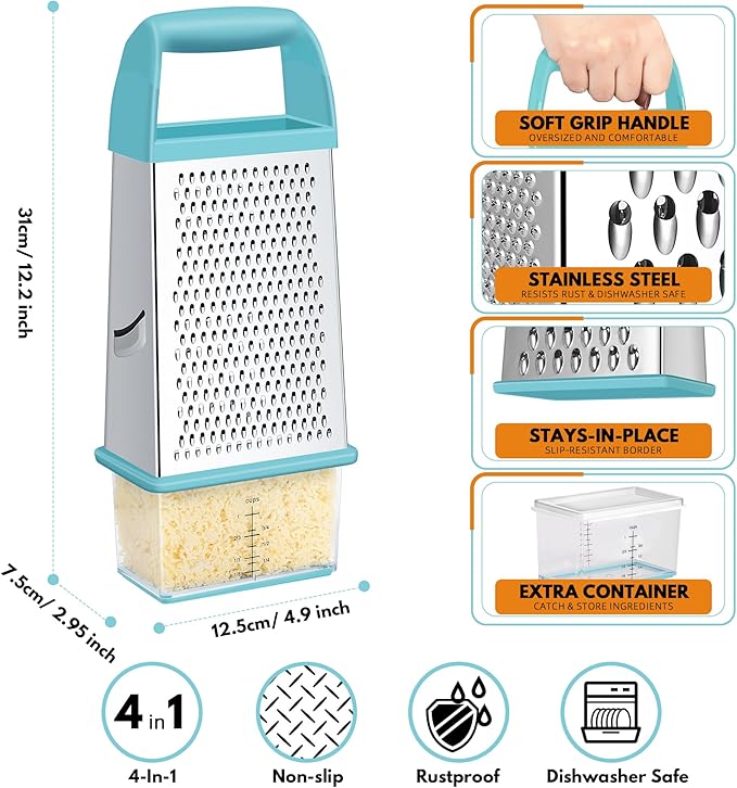 Urbanstrive Cheese Grater With Container, Professional Cheese Grater with Handle, Stainless Steel Graters for Kitchen Handheld, Box Grater with 4 Sides for Vegetables, Ginger, Potatoes (Blue) - Image 2