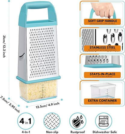 Urbanstrive Cheese Grater With Container, Professional Cheese Grater with Handle, Stainless Steel Graters for Kitchen Handheld, Box Grater with 4 Sides for Vegetables, Ginger, Potatoes (Blue) - Image 2