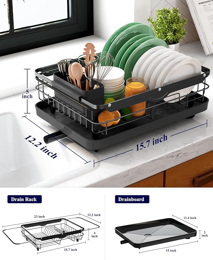 Kitsure Dish Drying Rack for Kitchen Counter, Stainless Steel Sink Organization and Storage Essentials with Cutlery Holder, Home and Appartment Decor, 12.2''W x 15.7''~23''L, Black - Image 4