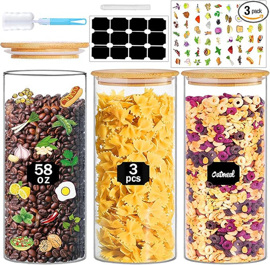 BGraceyy Glass Jars with Bamboo Lids, 58 oz 3 Pcs Kitchen Glass Containers with Bamboo Lids, Airtight Glass Pantry Storage Containers with Lids for Rice, Flour, Nuts, Cookie, Pasta, Oatmeal, Bean by BGraceyyMoments