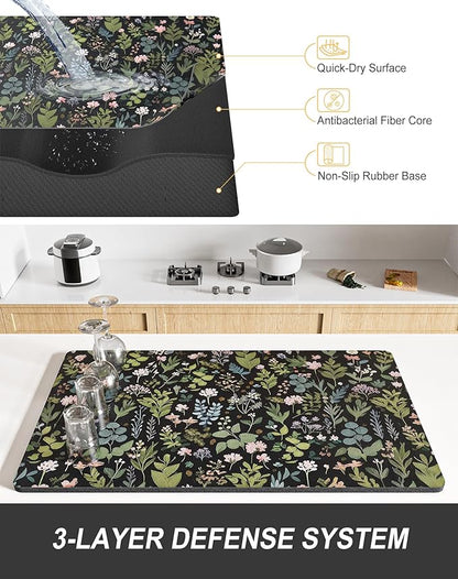 Rnivvi Dish Drying Mat for Kitchen Counter, XL 15 x 24" Cute Flower Theme Super Absorbent Drainer Pad, Non-Slip Heat Resistant Coffee Bar Mat for Coffee Machine Station Accessories,Black Dish Rack Pad - Image 4