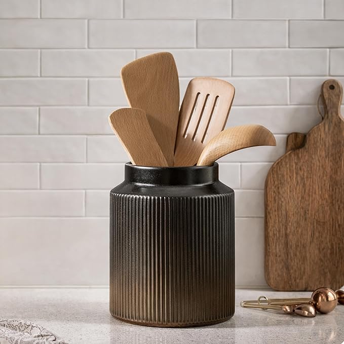 JIEMEI HOME Kitchen Utensil Holder, 6.77" Ceramic Farmhouse Stable Utensil Crock for Countertop, Vintage Style Cooking Tool Organizer with Cork Mat, Spatula Holder For Kitchen Decor, Black - Image 7